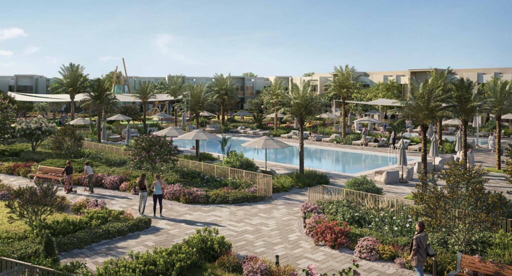 Exterior view of residential area with pool and palm trees