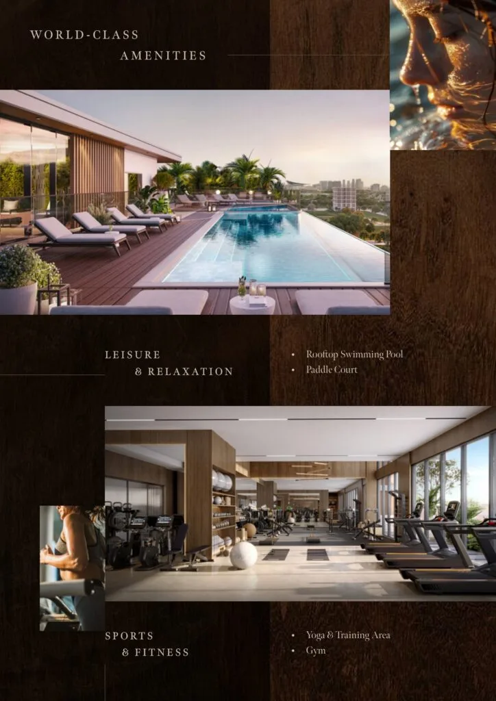 Rooftop swimming pool and gym interior with fitness equipment