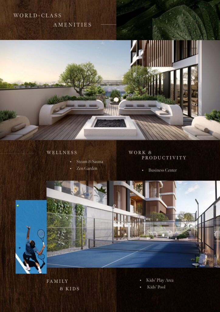 Outdoor seating area and tennis court in residential complex