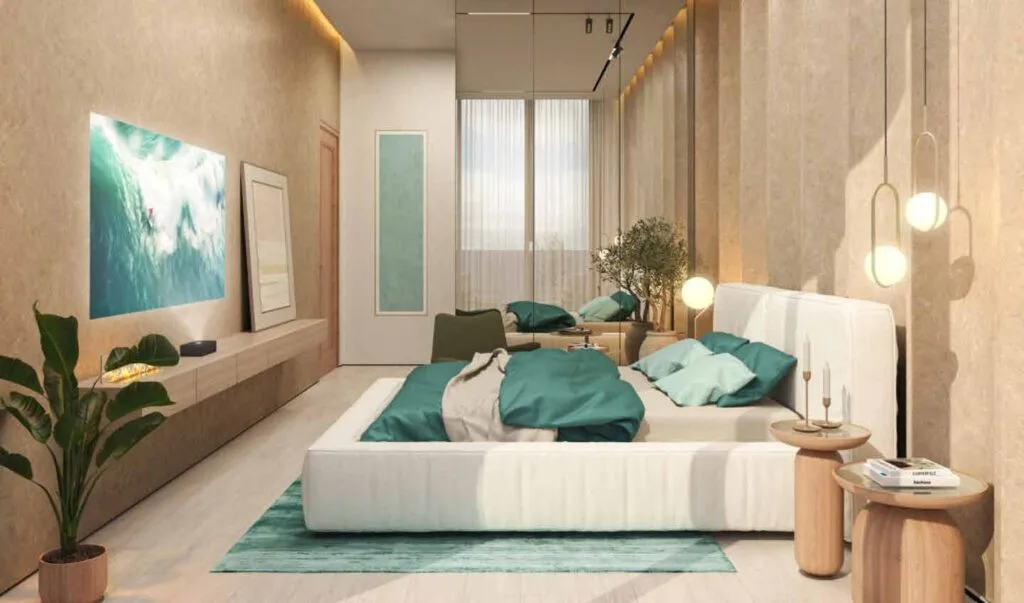 Interior design render of a bedroom with bed and seating area