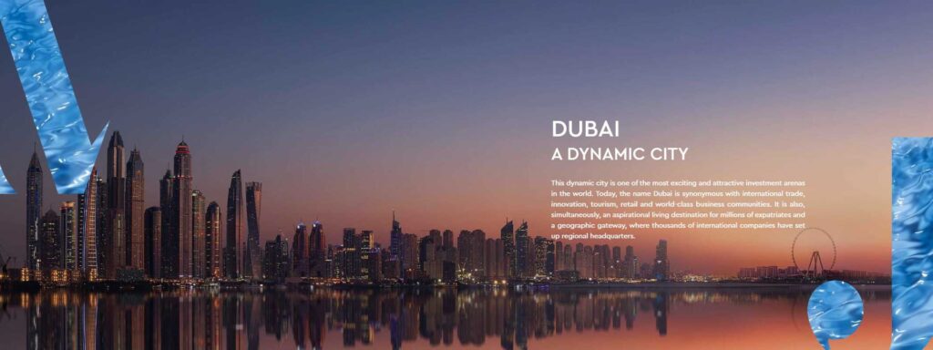 Dubai city skyline at dusk with reflections on water