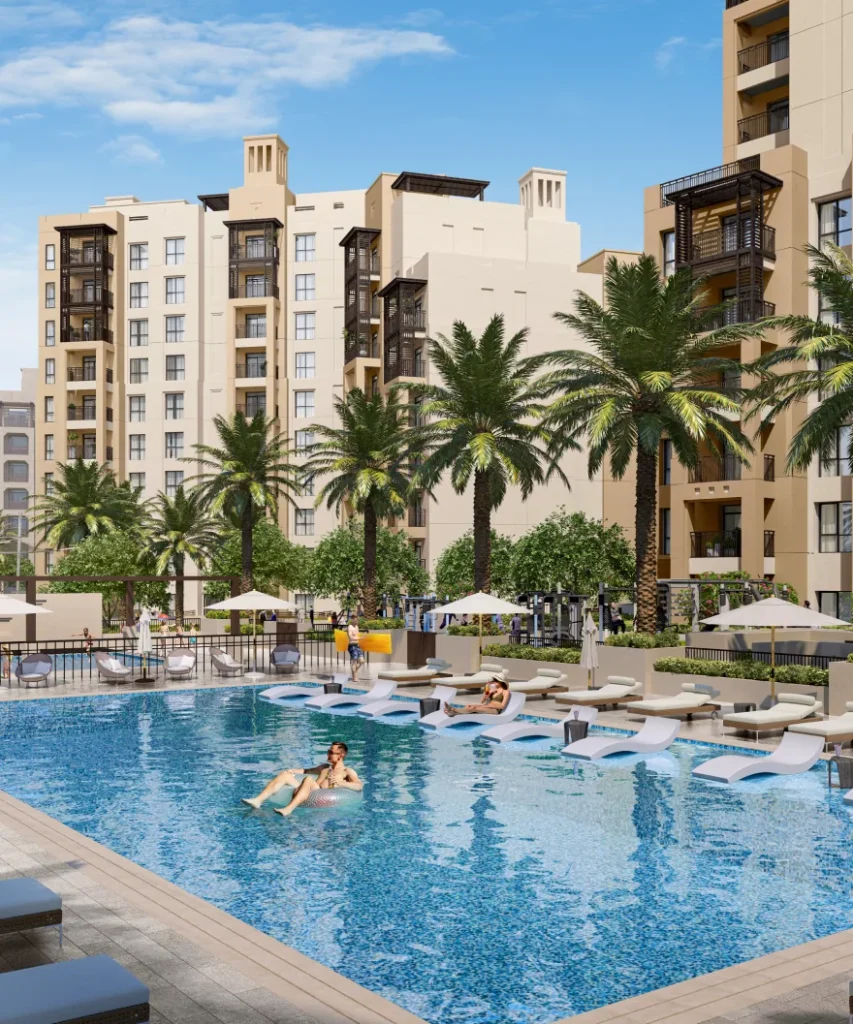 Lamaa Mjl by Meraas in Madinat Jumeirah Living, Dubai — Resort pool surrounded by landscaped residential buildings