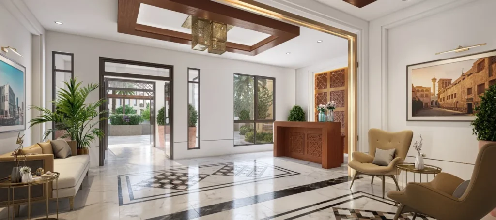 Lamaa Mjl by Meraas in Madinat Jumeirah Living, Dubai — Elegant residential lobby with marble floors and furnishings