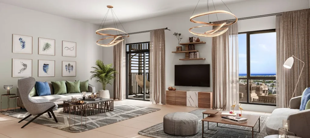 Lamaa Mjl by Meraas in Madinat Jumeirah Living, Dubai — Bright furnished living room with expansive coastal city view