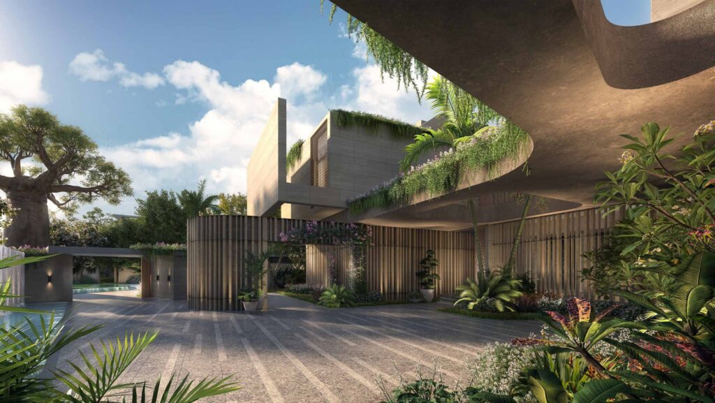 Exterior view of modern building with greenery and open courtyard