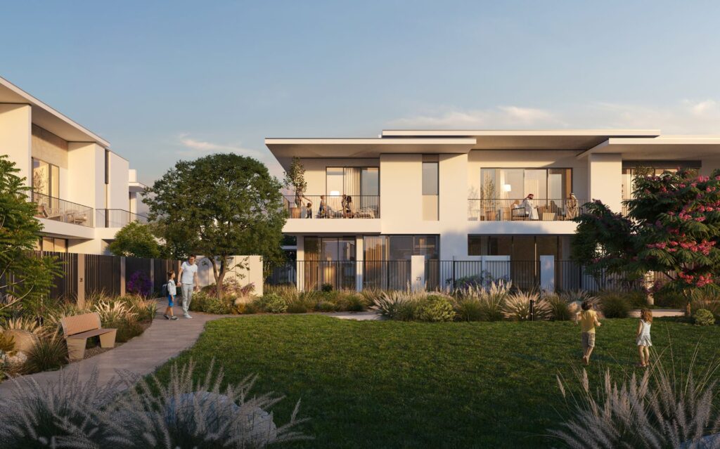 Exterior view of modern two-story residential buildings with garden