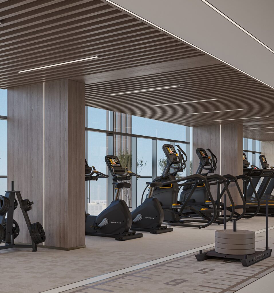 Interior gym with exercise machines and weightlifting area