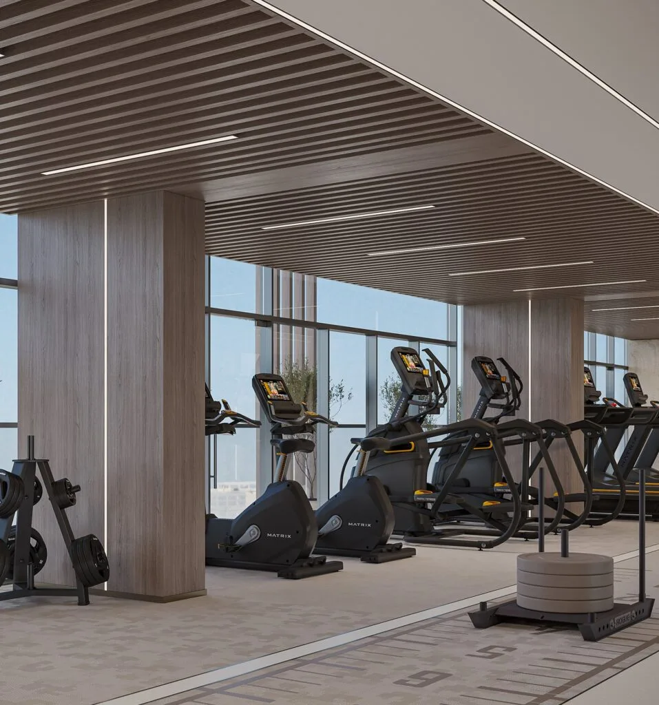 Interior gym with exercise machines and weightlifting area