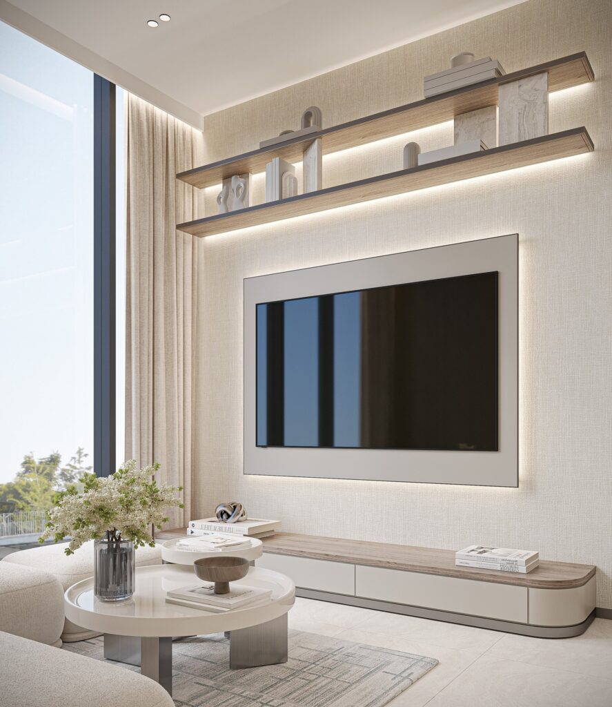 modern living room interior with sofa, tables, TV and shelves