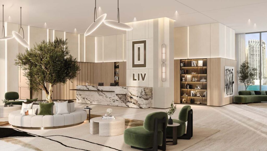 Interior render of a lobby with seating and reception desk