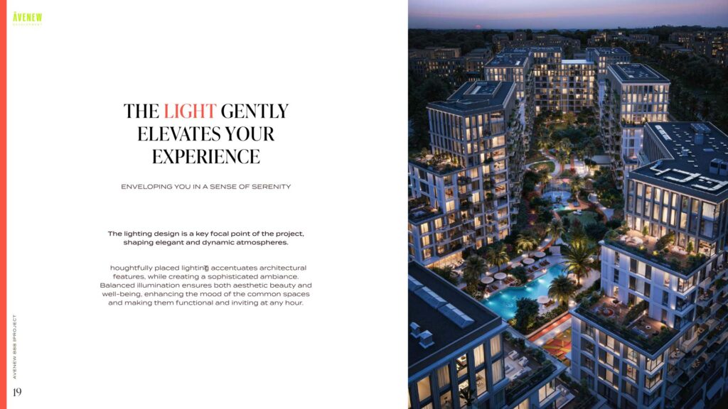 Night aerial view of illuminated residential buildings with pools