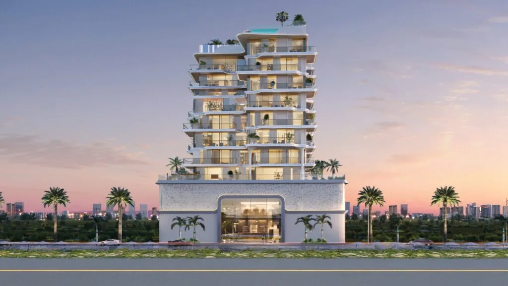 Exterior render of mid-rise residential building at sunset