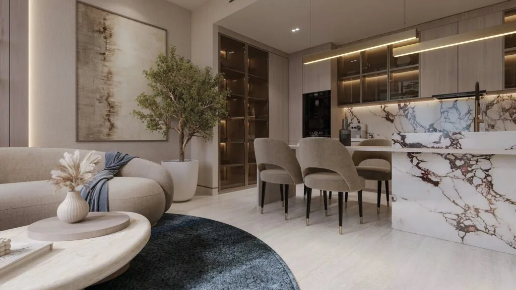 Interior view of living area with sofa, dining table, and kitchen