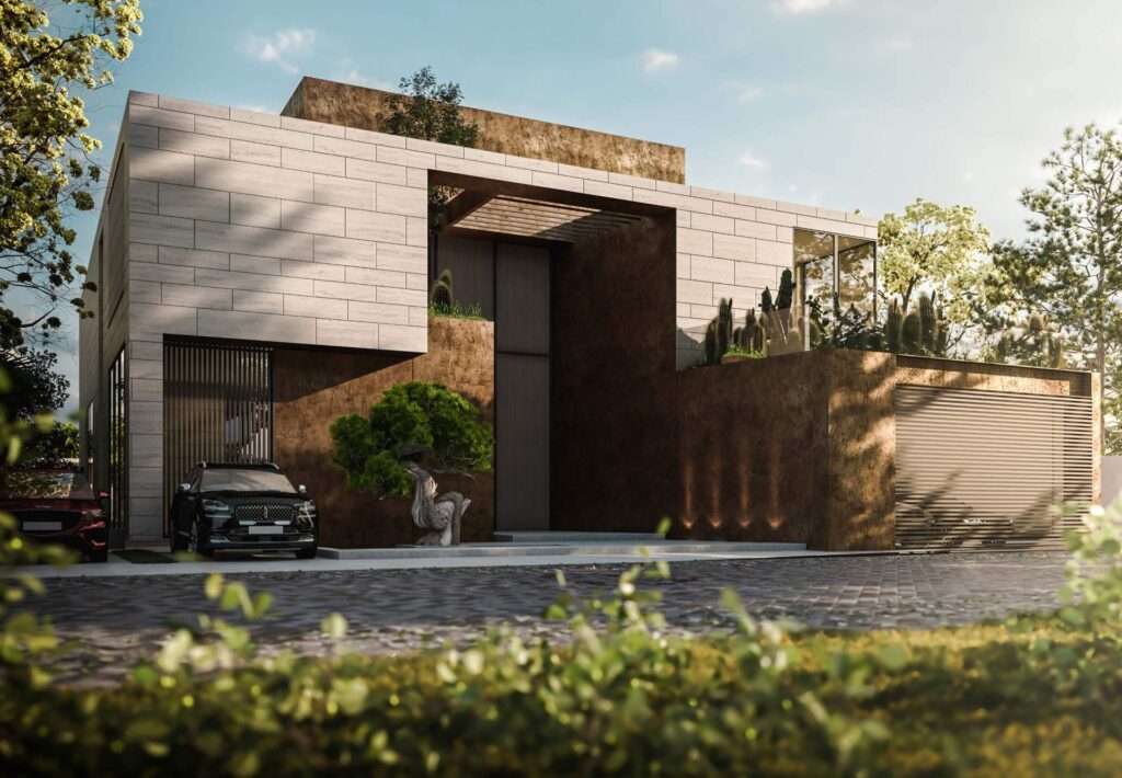 Exterior view of modern two-story house with cars and greenery