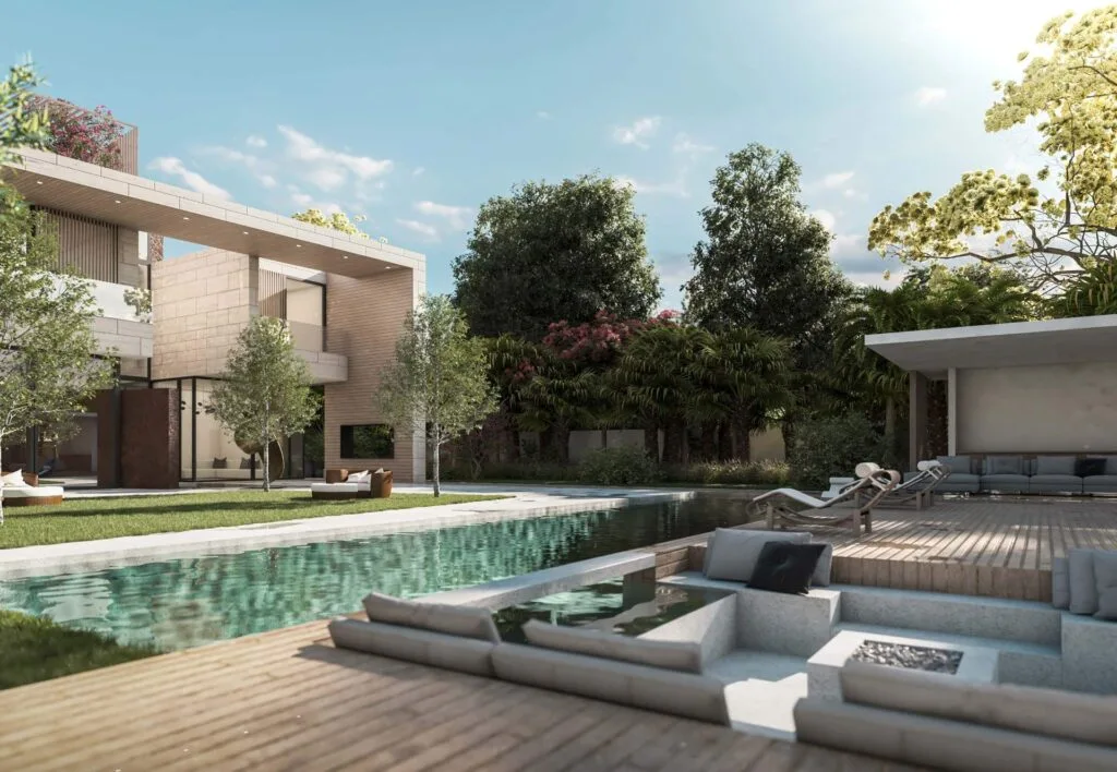 Modern villa exterior with pool and outdoor seating area
