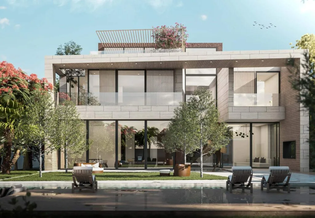 Modern two-story house exterior with pool and garden