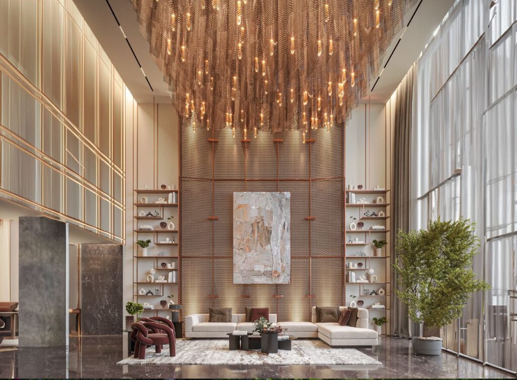 Interior view of a high-ceiling lounge with modern furniture and lighting