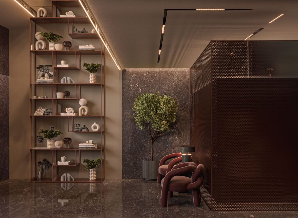 Interior render of seating area with decorative shelves and potted plant