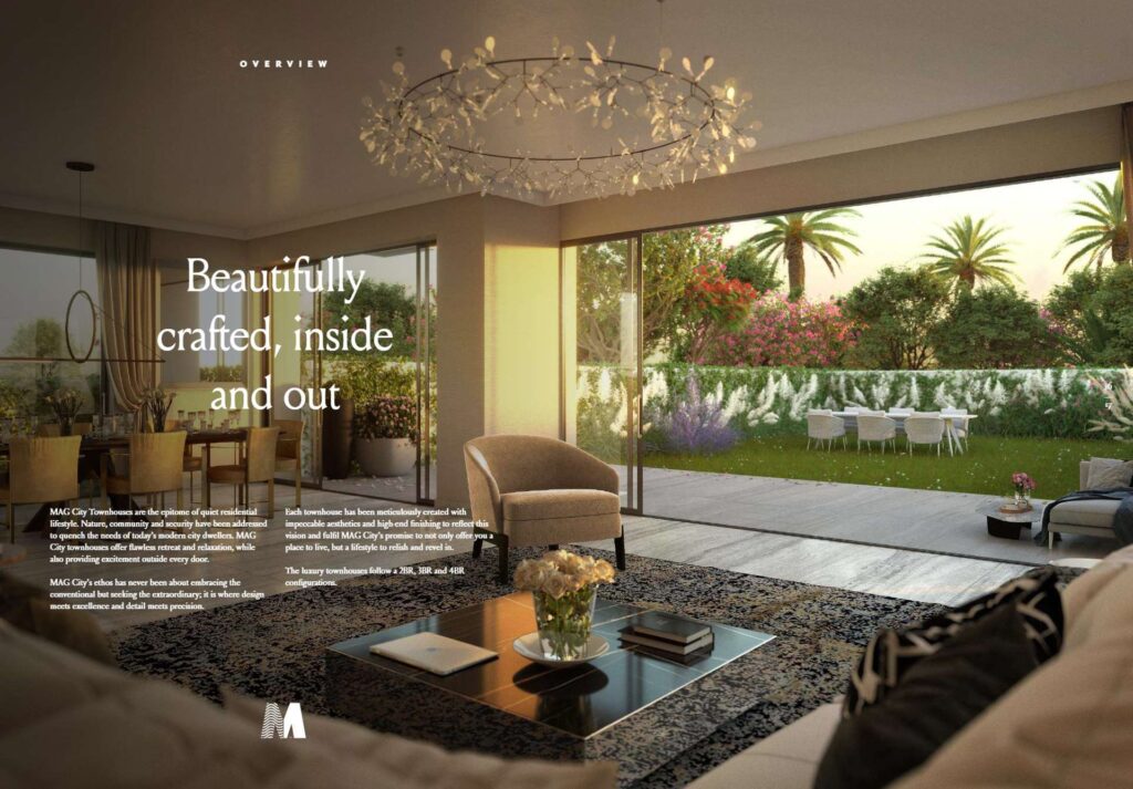 Interior view of living room with garden and palm trees outside
