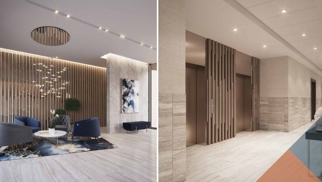 Interior lobby area with seating and elevator doors