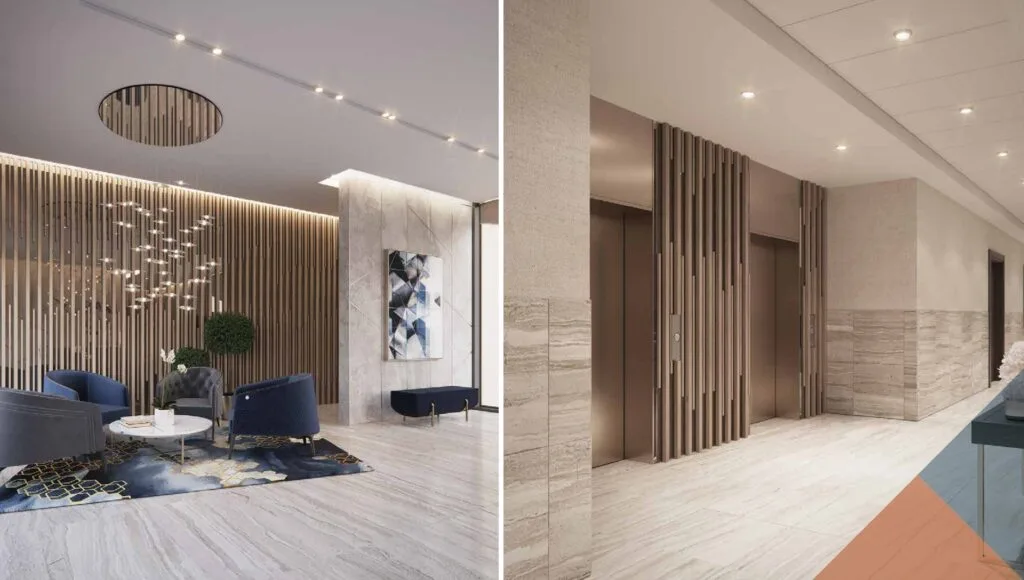 Interior lobby area with seating and elevator doors
