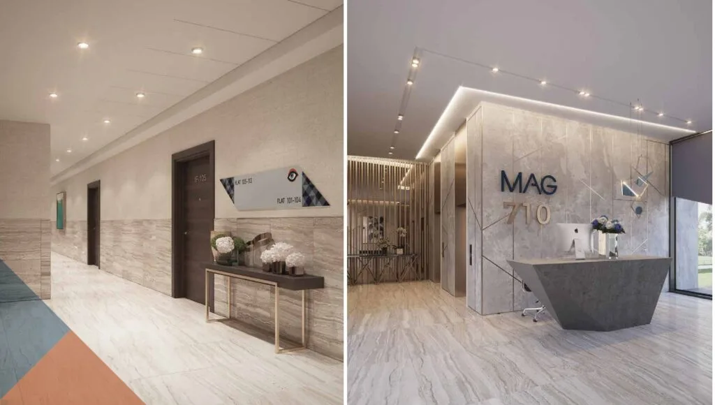 Interior lobby and corridor with marble floors and modern reception desk