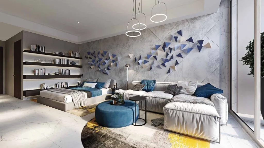 Interior render of a modern living room with sofa and bed