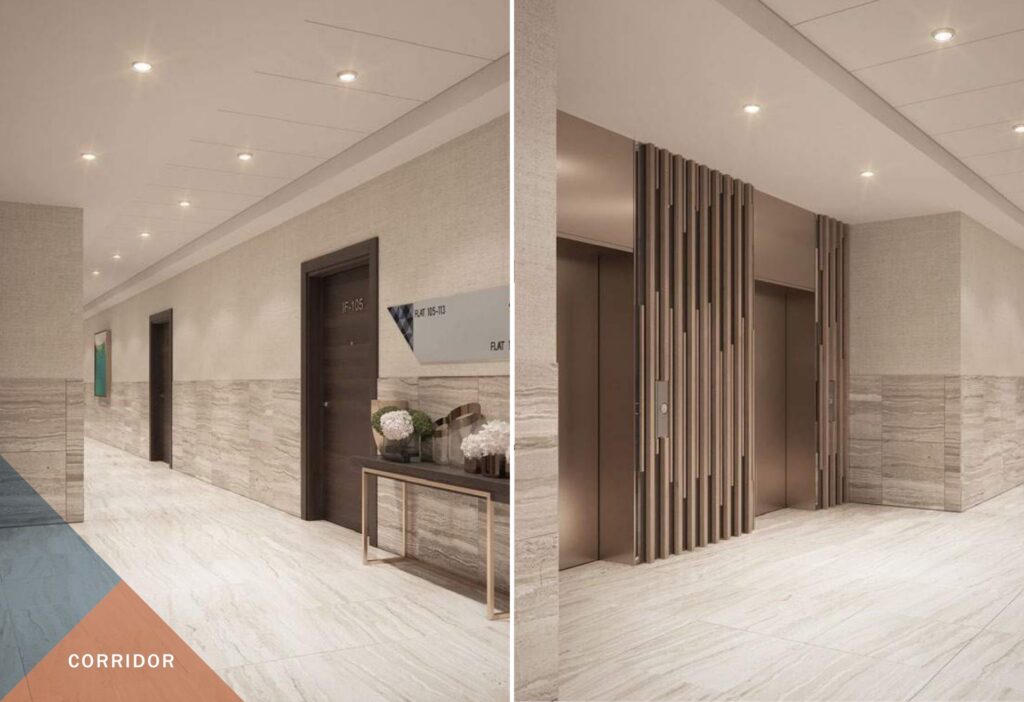Interior corridor and elevator lobby with marble floors and walls
