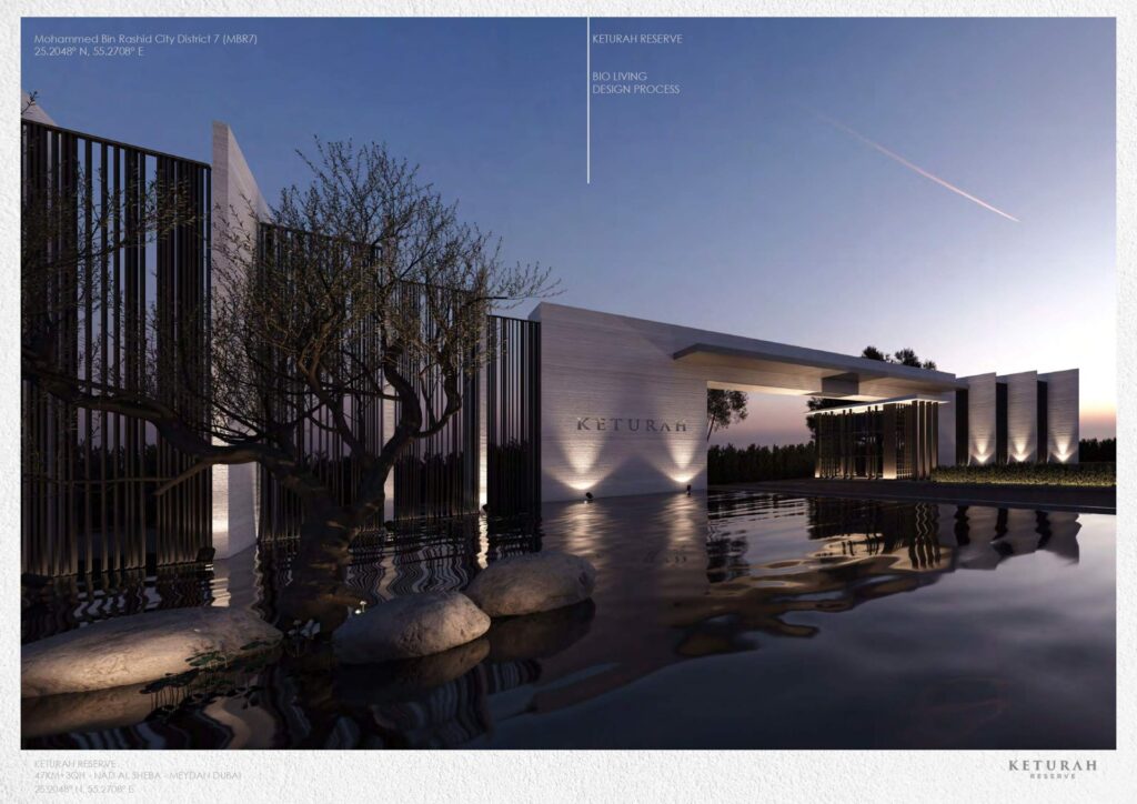 Exterior view of modern entrance with water and tree at dusk