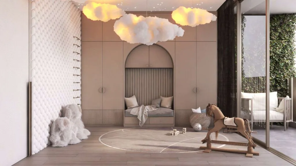 Interior render of a kids room with rocking horse and cloud lights