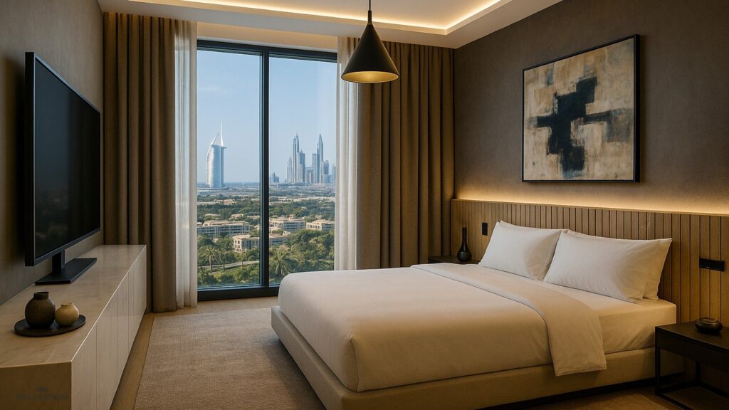 Modern bedroom interior with large window view of Dubai skyline