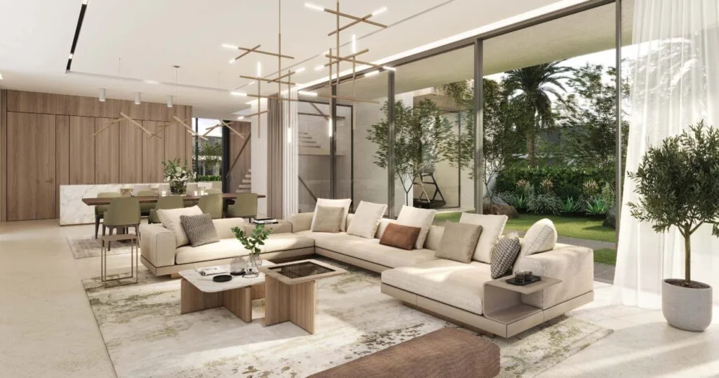Interior render of living room with large windows and garden view