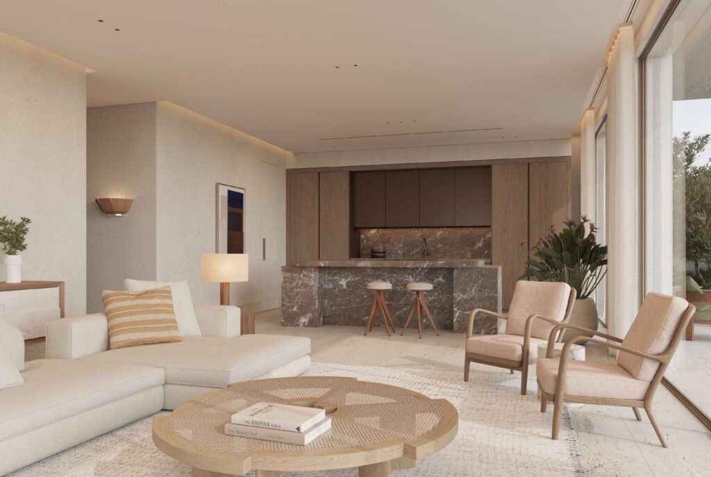 Interior view of a villa living room and kitchen area