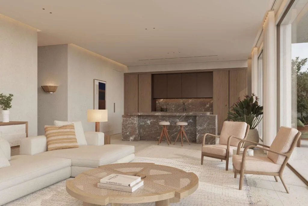 Interior view of a villa living room and kitchen area