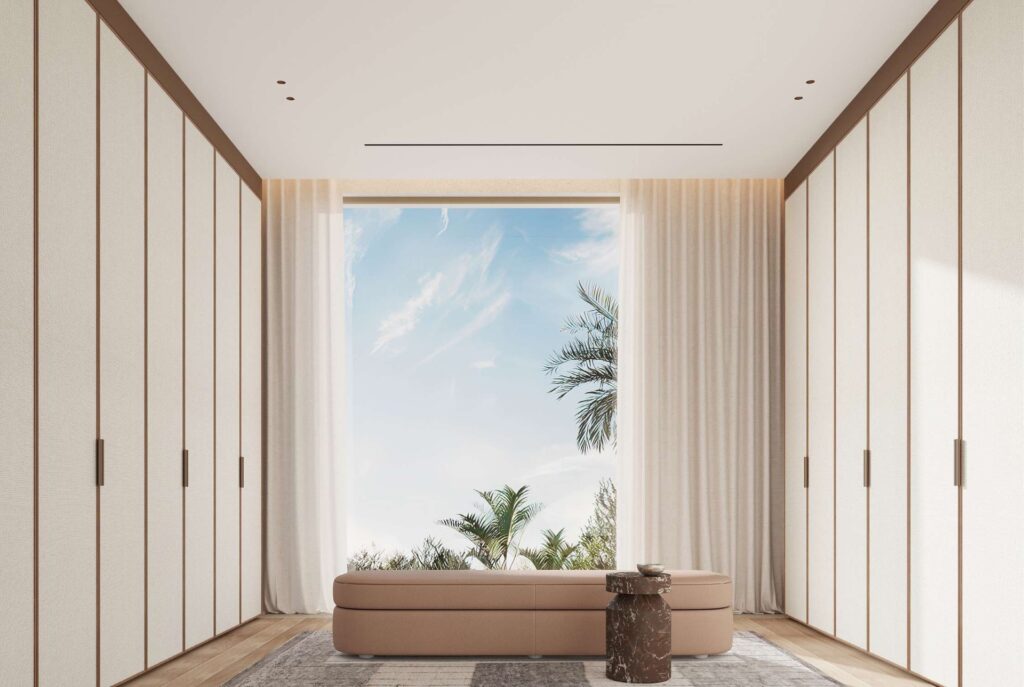 Interior view of villa dressing room with large window and plants