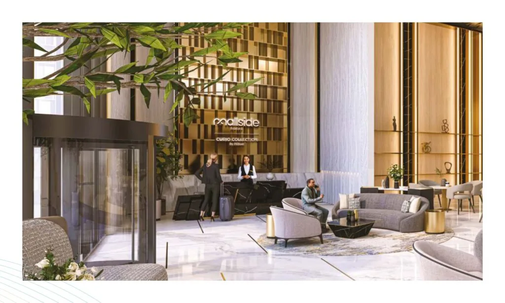 Hotel lobby interior with seating area and reception desk