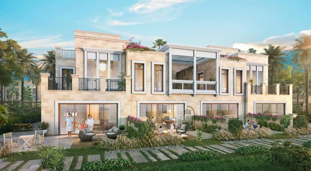 Exterior render of a row of modern townhouses with garden