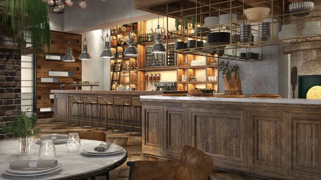 Interior render of a restaurant bar and dining area