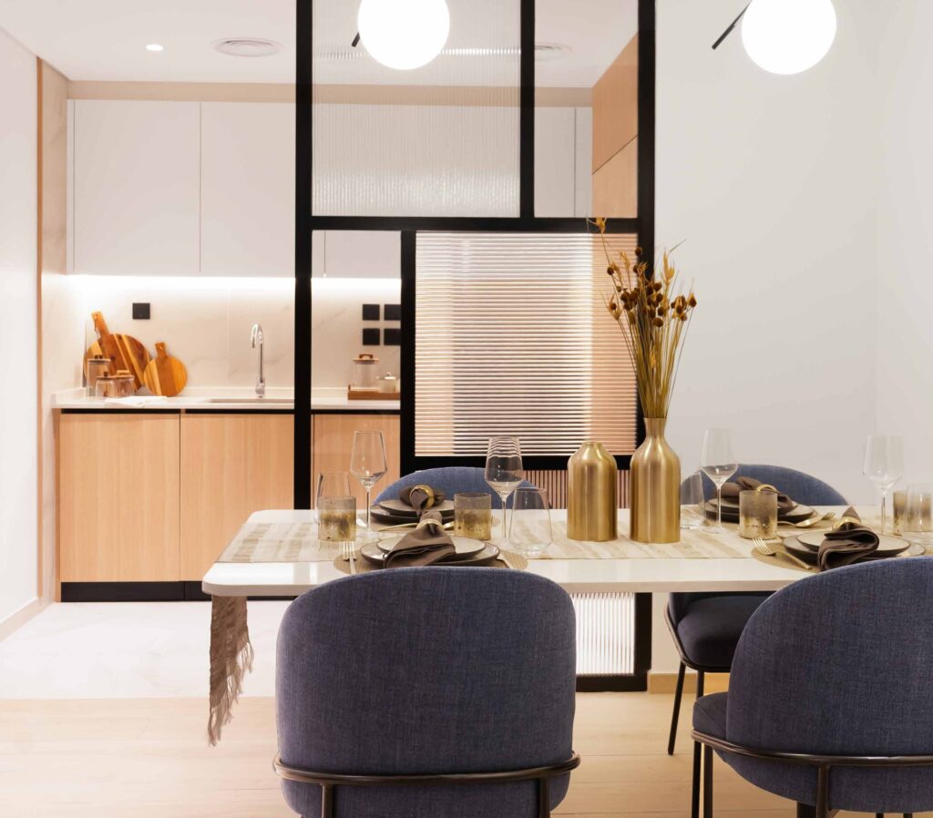 Interior views of dining area, bathroom, bedroom, and closet