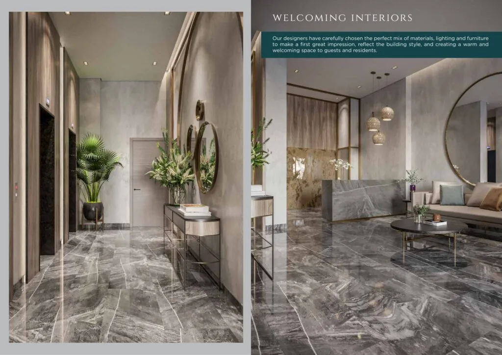 Interior lobby area with marble flooring and modern furniture