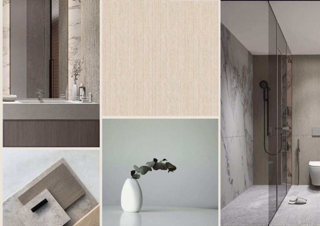 Bathroom interior with shower, sink, and decorative vase
