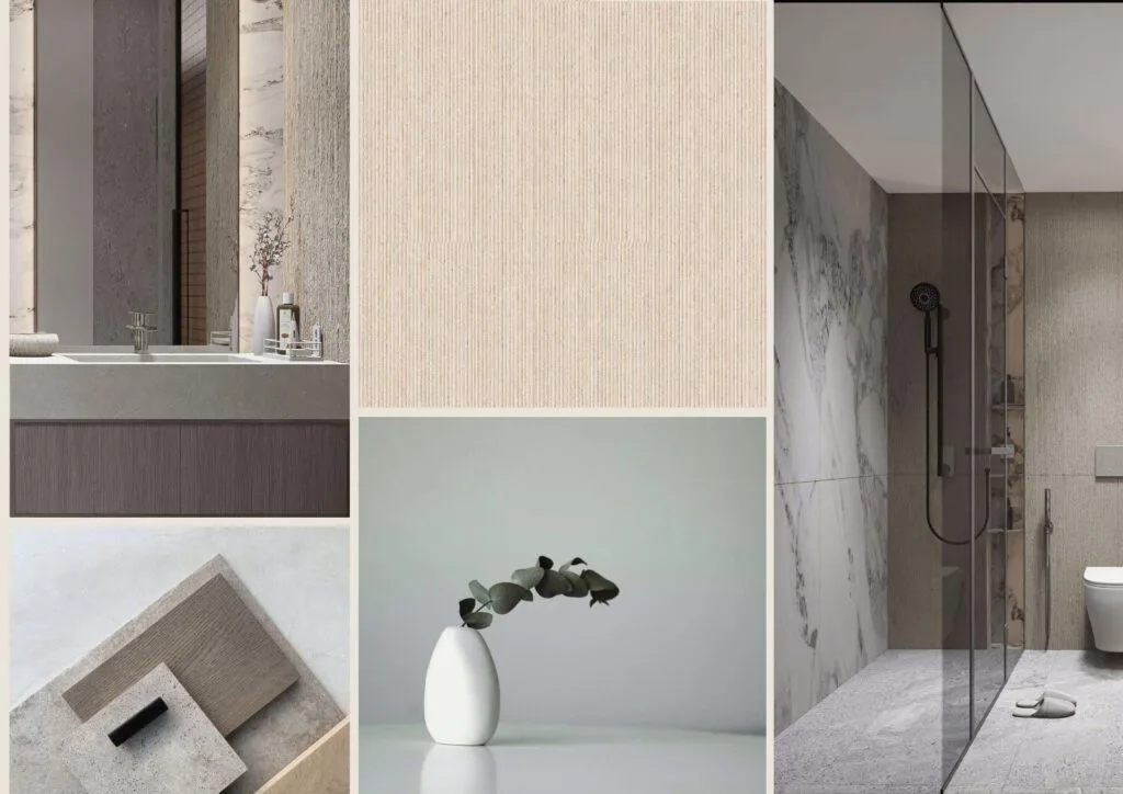 Bathroom interior with shower, sink, and decorative vase