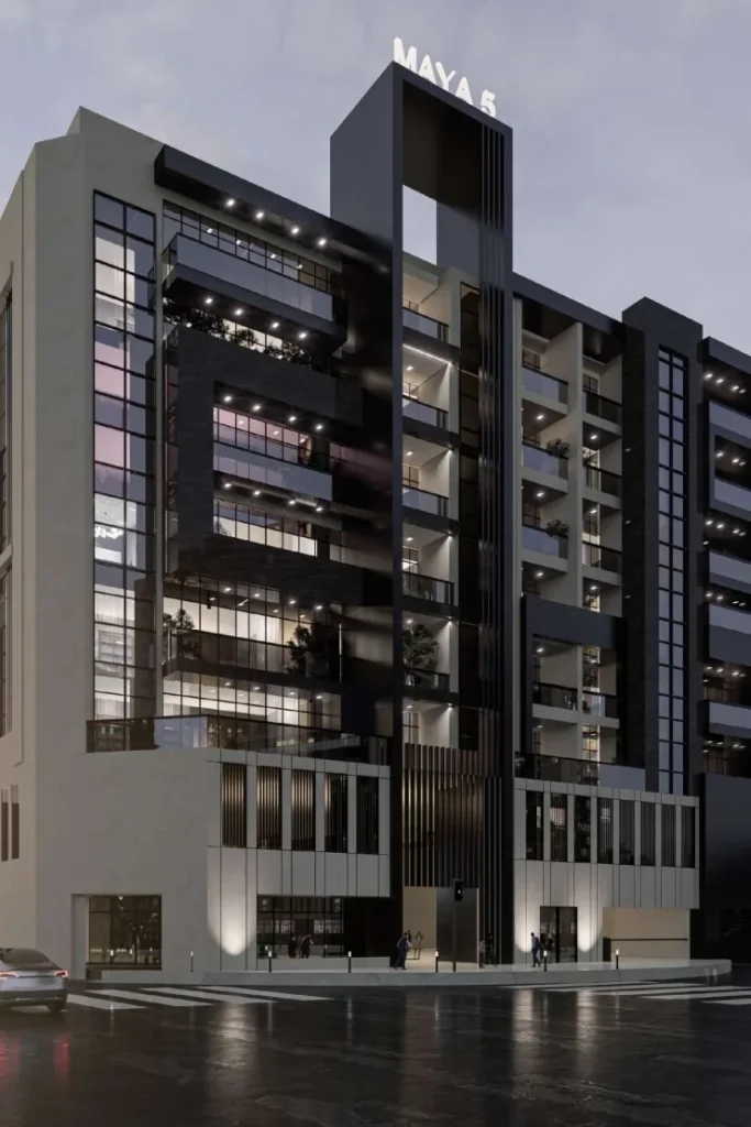 evening render of facade, Maya Residences 5, JVT District 1, Dubai