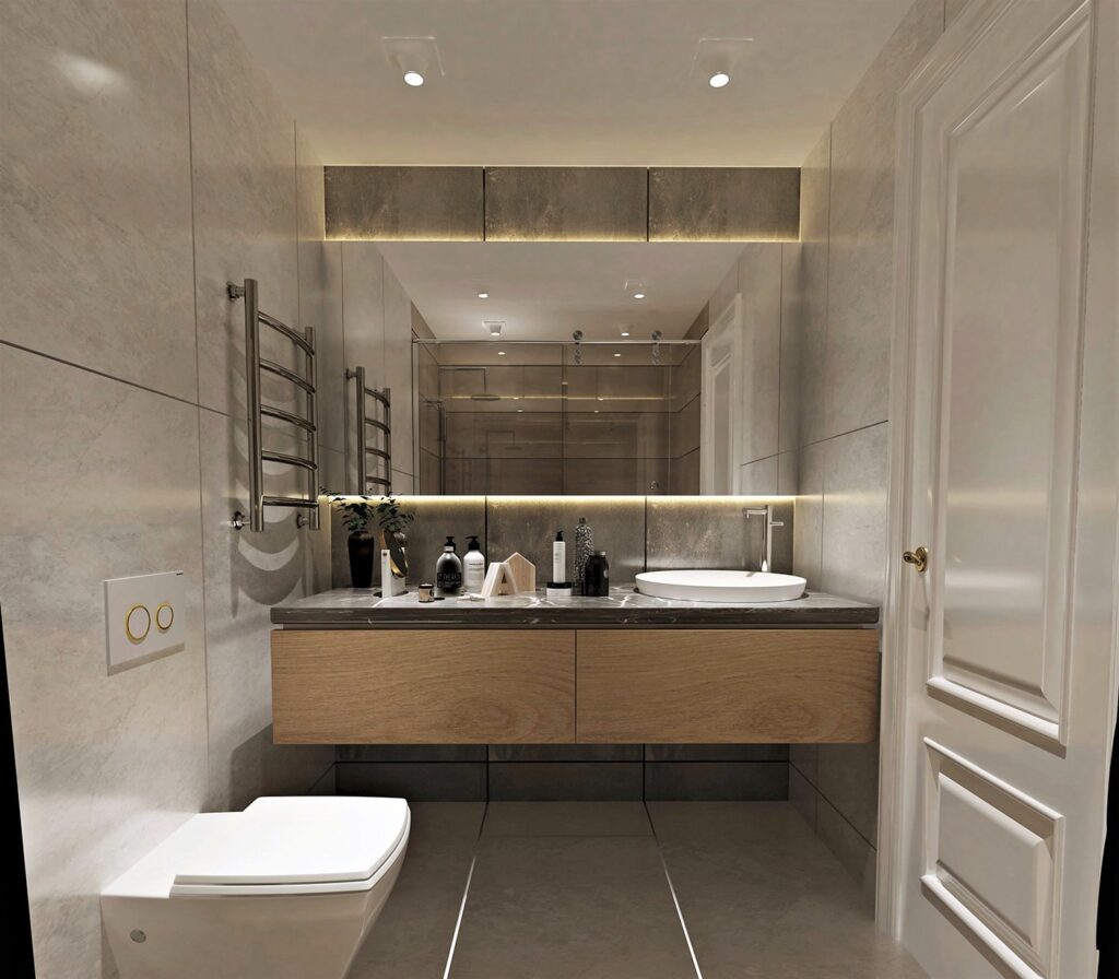 Modern bathroom with floating vanity and large mirror
