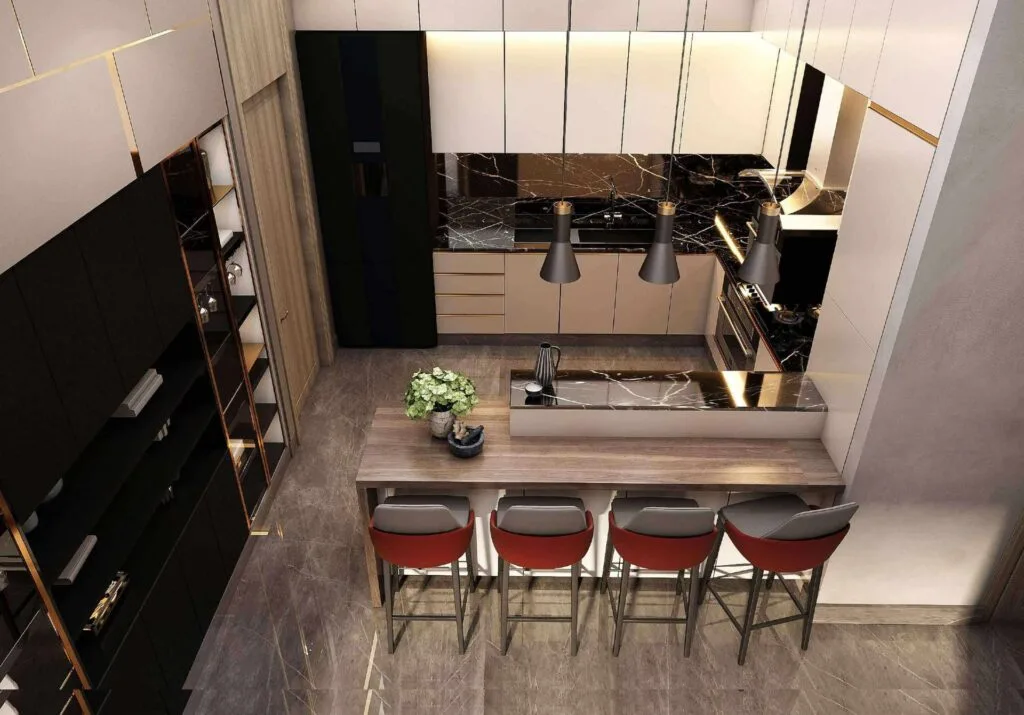 modern kitchen with black and white cabinets and bar seating