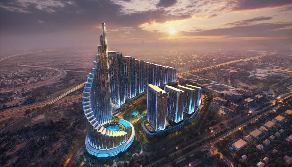 Mercedes-Benz Places Binghatti City aerial view at dusk