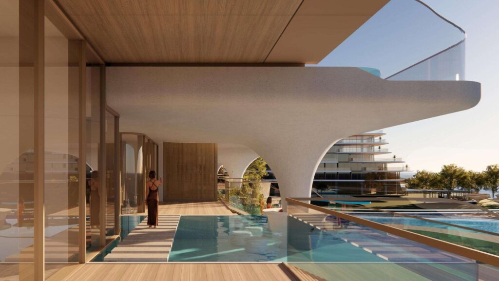 Exterior view of modern building with pool and terrace