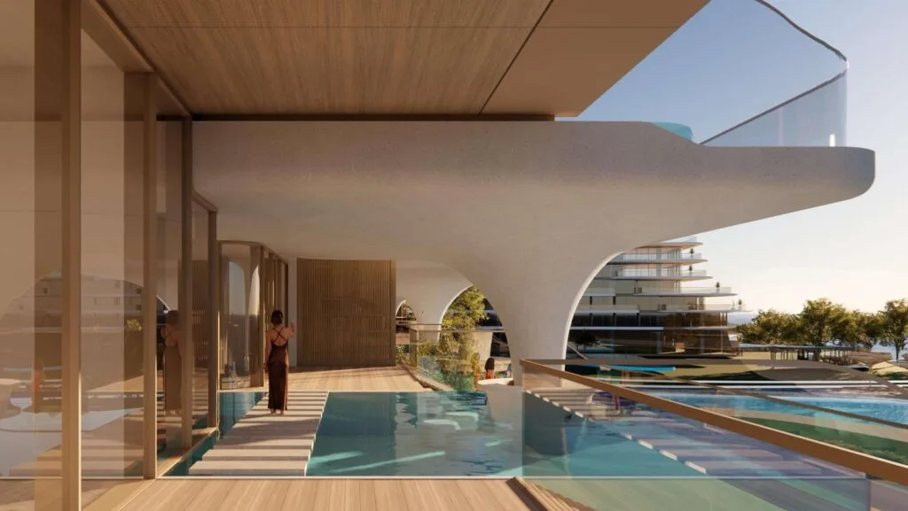 Exterior view of modern building with pool and terrace