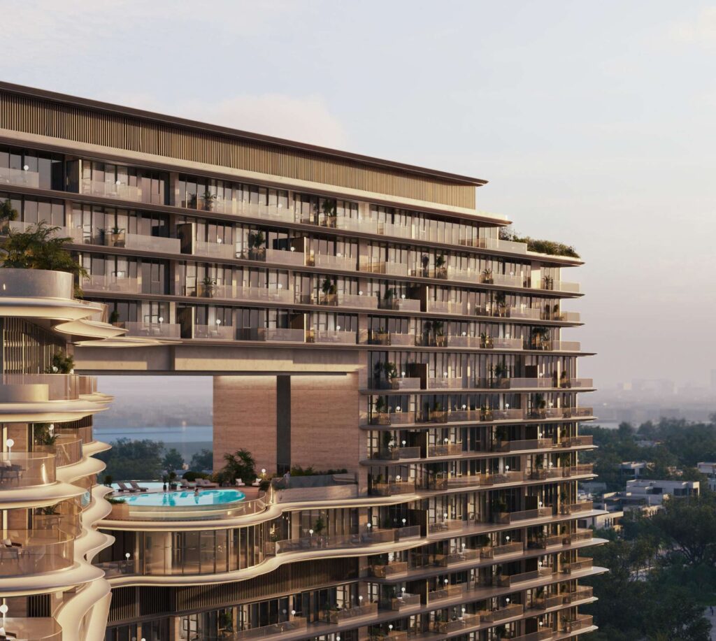 Exterior render of multi-story residential building with pool