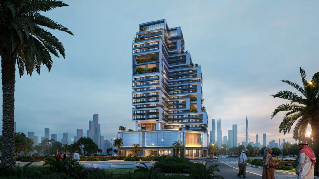 Exterior view of a modern high-rise building with palm trees